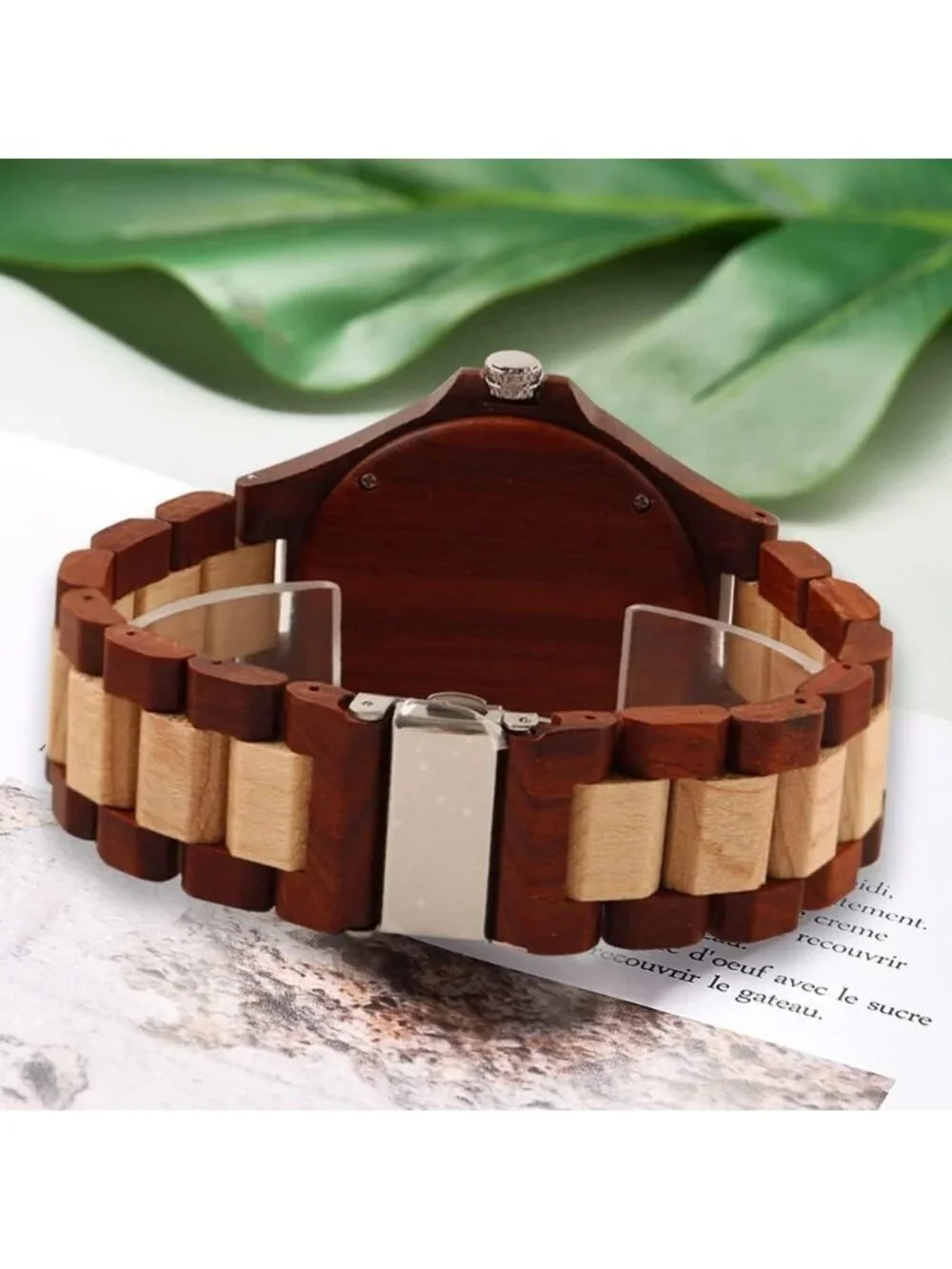 Mens Brown White Classic Handmade Skeletonized Bamboo Analog Quartz Wooden Watch